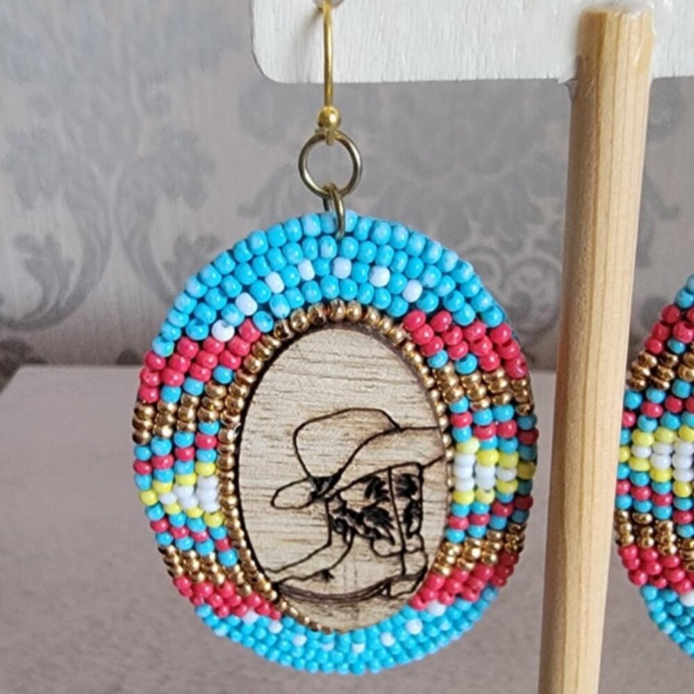 Horseshoe Bend Wood and Turquoise Multi Seed Bead Teardrop Earrings - Picture 2 of 2